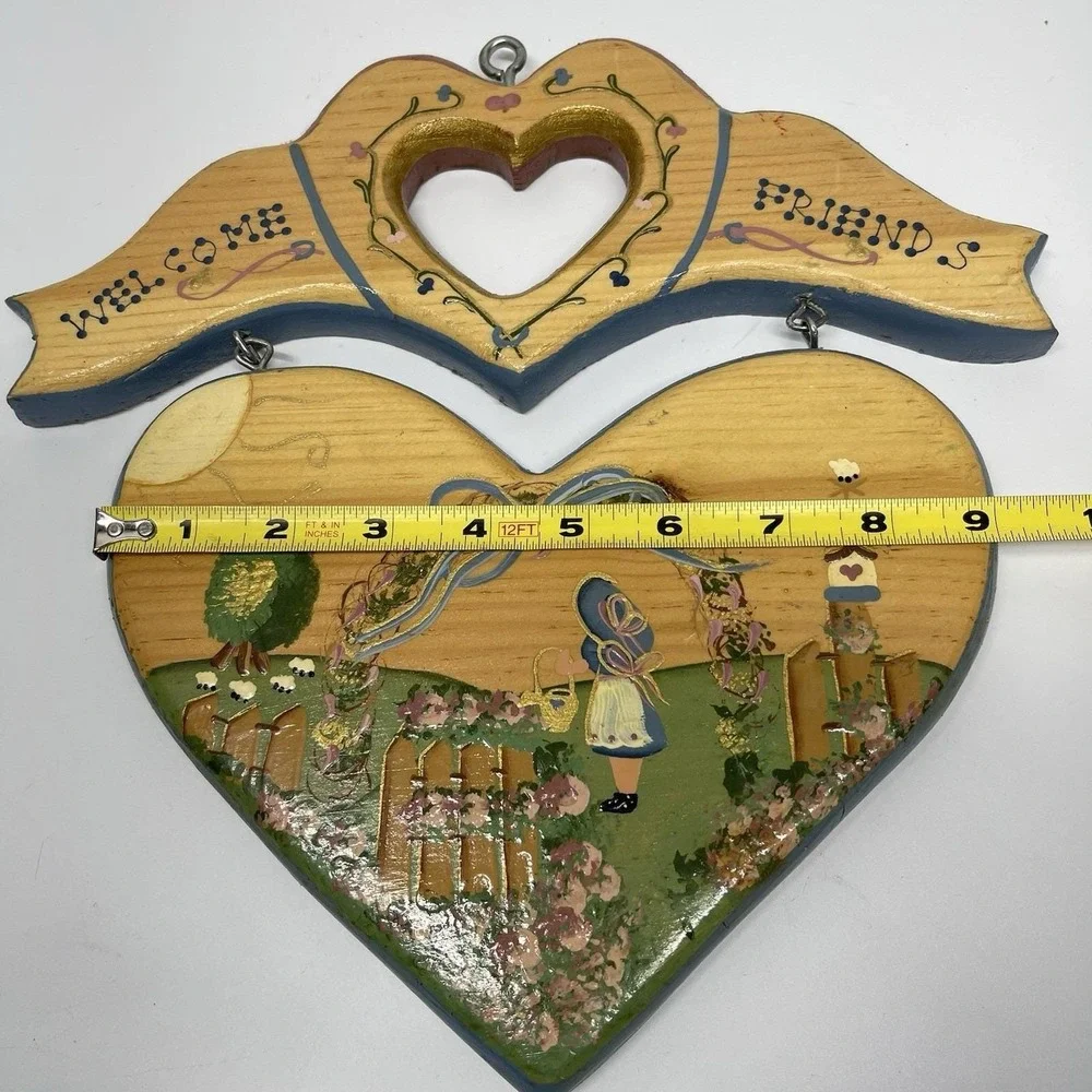 Vintage Heart Shaped Wood Folk Art Welcome Sign Handmade Country Cottage Grandma